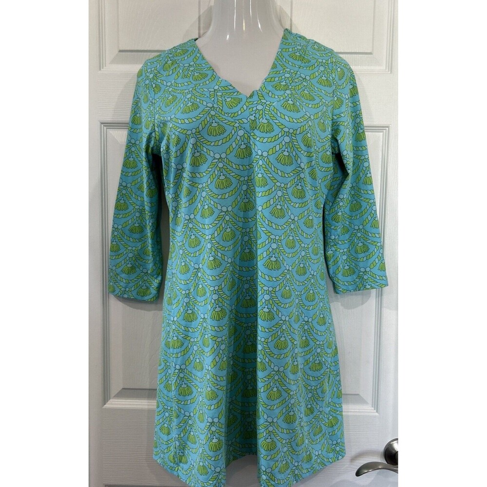 Barbara Gerwit Blue Green Rope Tassel V Neck Stretch Knit T Shirt Casual Dress L